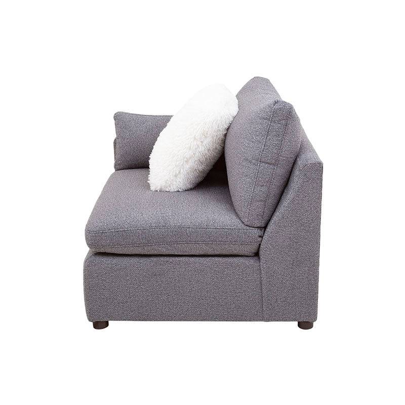 Juego de sala Francesca de 6 piezas en tapiz gris oscuro, vista lateral con dimensiones y detalles del sofá.