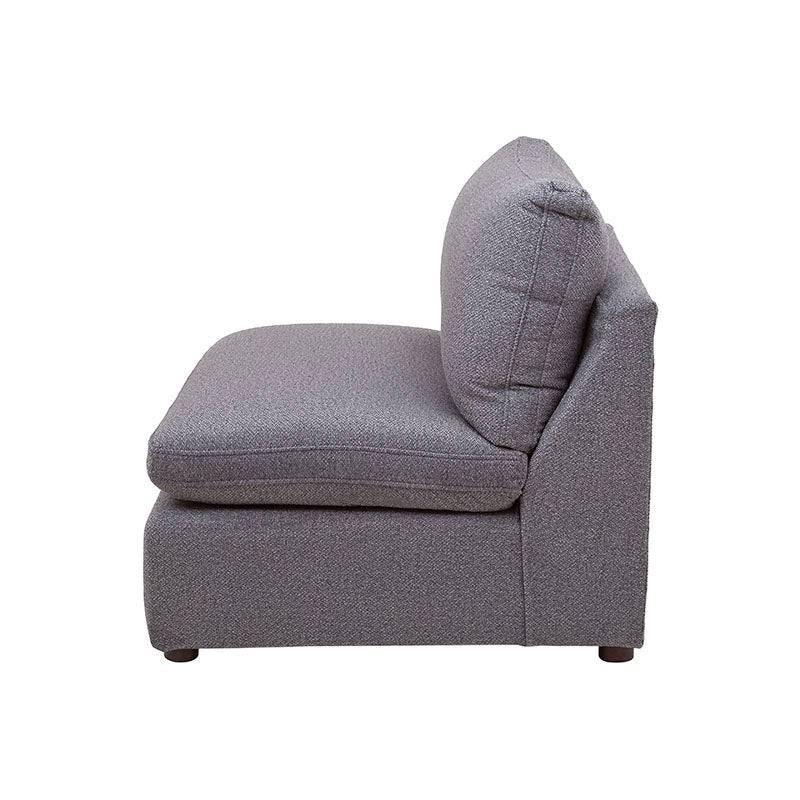 Juego de sala Francesca de 6 piezas en gris oscuro con textura afelpada, incluye sillón central y muebles modernos.