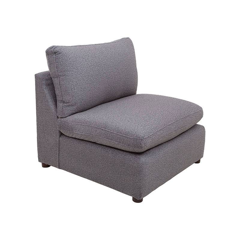 Juego de sala Francesca de 6 piezas en gris oscuro con textura afelpada, sofá y sillón central, tejido plano, dimensiones 86x88x93 cm.