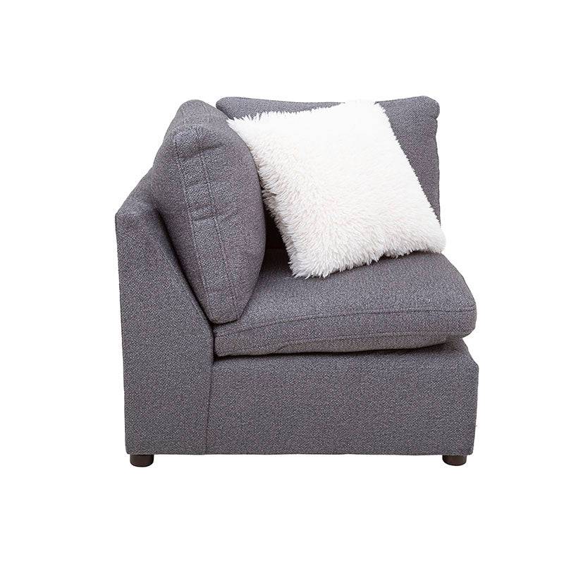 Juego de sala Francesca de 6 piezas en tela gris oscuro, incluye sofá esquinero con textura afelpada, dimensiones de 93x88x93 cm