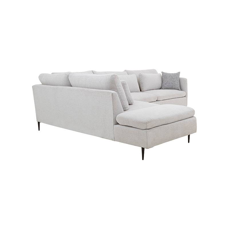 Sala Jess con chaise de tapiz en tela color marfil, con estructura moderna y cómodo diseño, en vista frontal.
