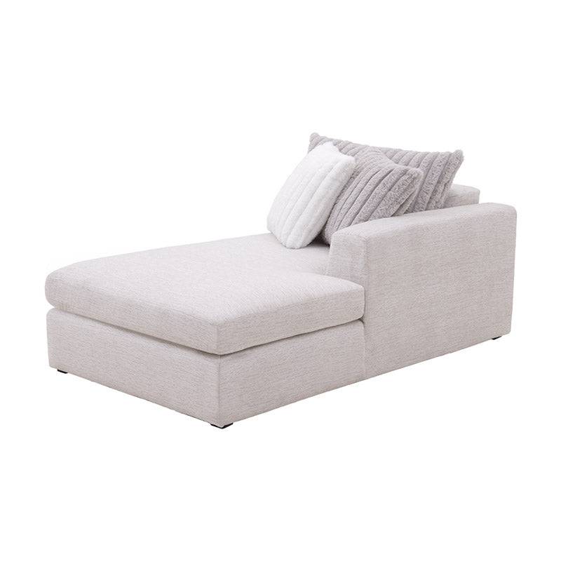 Sala San Miguel Chaise deupeor.com.mx, sala con chaise en tela marfil con textura afelpada, vista frontal, dimensiones 100x81x182 cm.
