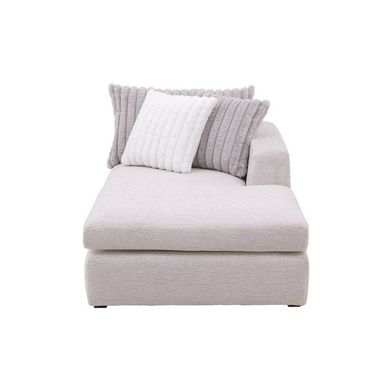 Sala San Miguel Chaise de Deurope con tapizado en tejido plano y textura afelpada, chaise derecha, vista frontal.