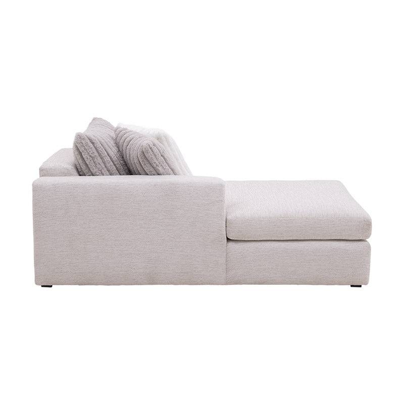 Sala San Miguel con chaise de Deurope, sofá de tejido marfil con textura afelpada, vista frontal, dimensiones 100x81x182 cm.