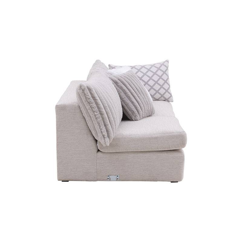 Módulo de sala San Miguel loveseat lateral de tejido plano con textura afelpada, en color marfil, frente y lateral izquierdo.