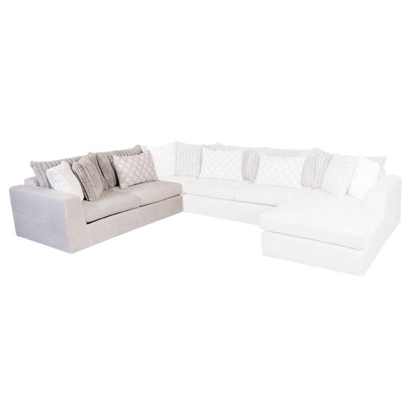 Módulo de sala San Miguel Loveseat lateral de Deurope, en color marfil con textura afelpada, frente, 178 cm de ancho, lateral izquierdo.