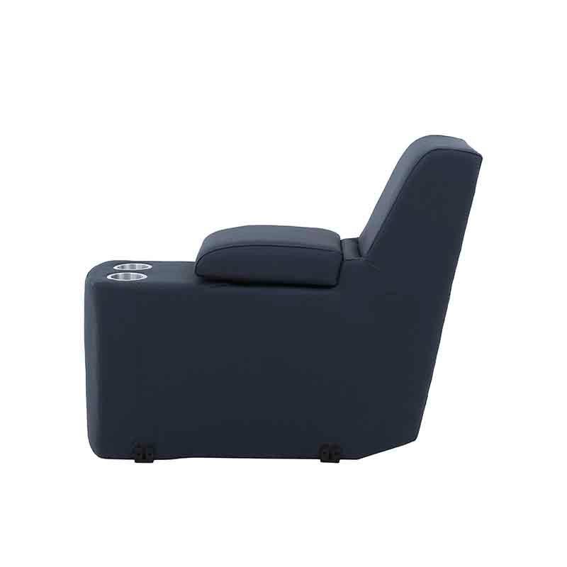 Sala Enzo III deurope.com.mx, módulo en color azul cobalto con piel y leather touch, vista frontal con consola de 35 cm de alto.