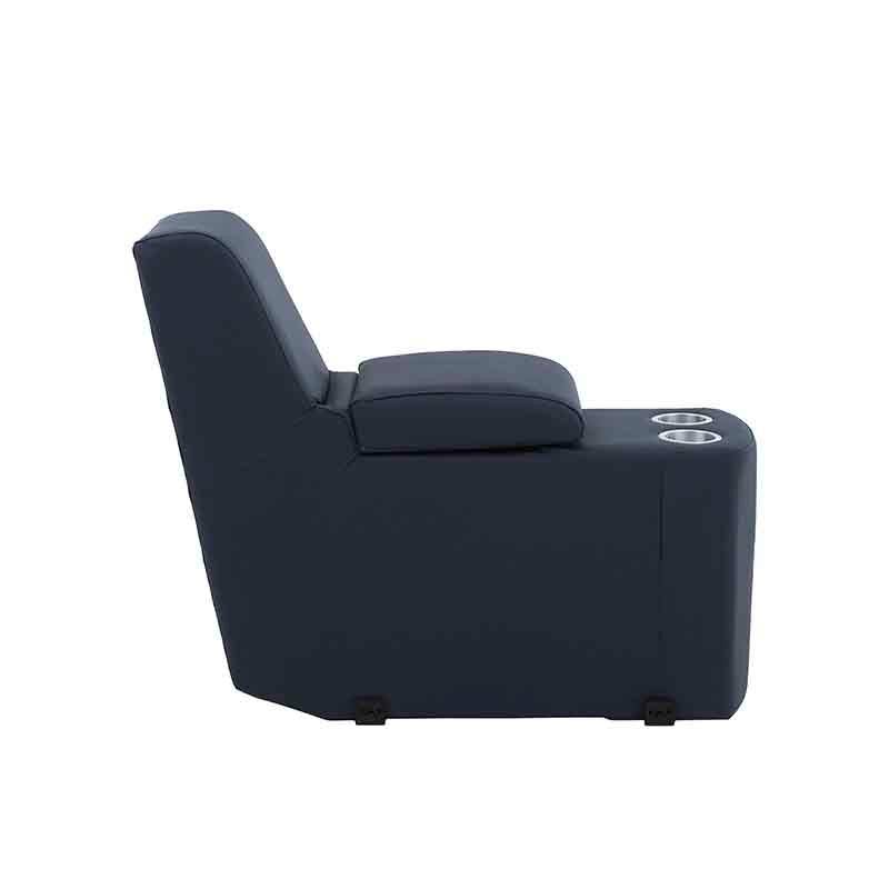 Sala Enzo III de cuero azul cobalto, con consola modular de 85 cm de alto y 100 cm de fondo, estilo moderno y elegante.