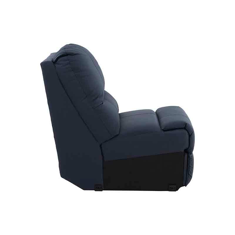 Juego de sala Enzo de piel y cuero en color azul cobalto, incluye sillón central y módulos con dimensiones visibles.