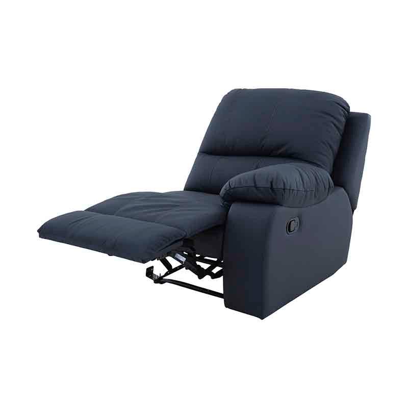 Juego de sala Enzo de 5 piezas en cuero azul cobalto, con diseño modular y tapizado en piel y leather touch, vista lateral derecha.
