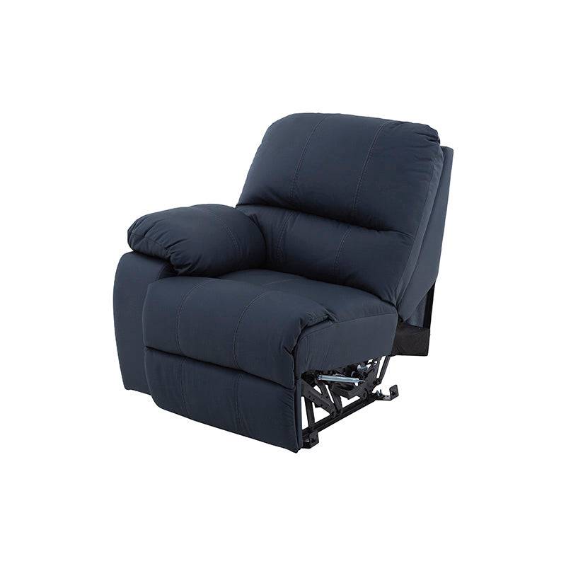 Juego de sala Enzo de 5 piezas en piel y leather touch color azul cobalto, vista lateral izquierda, con dimensiones.