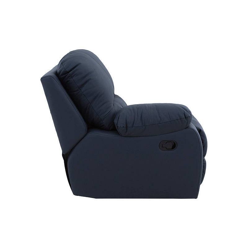 Juego de sala Enzo de cuero azul cobalto, 5 piezas, sofá modular con detalles en piel y toque de leather, vista lateral izquierda.