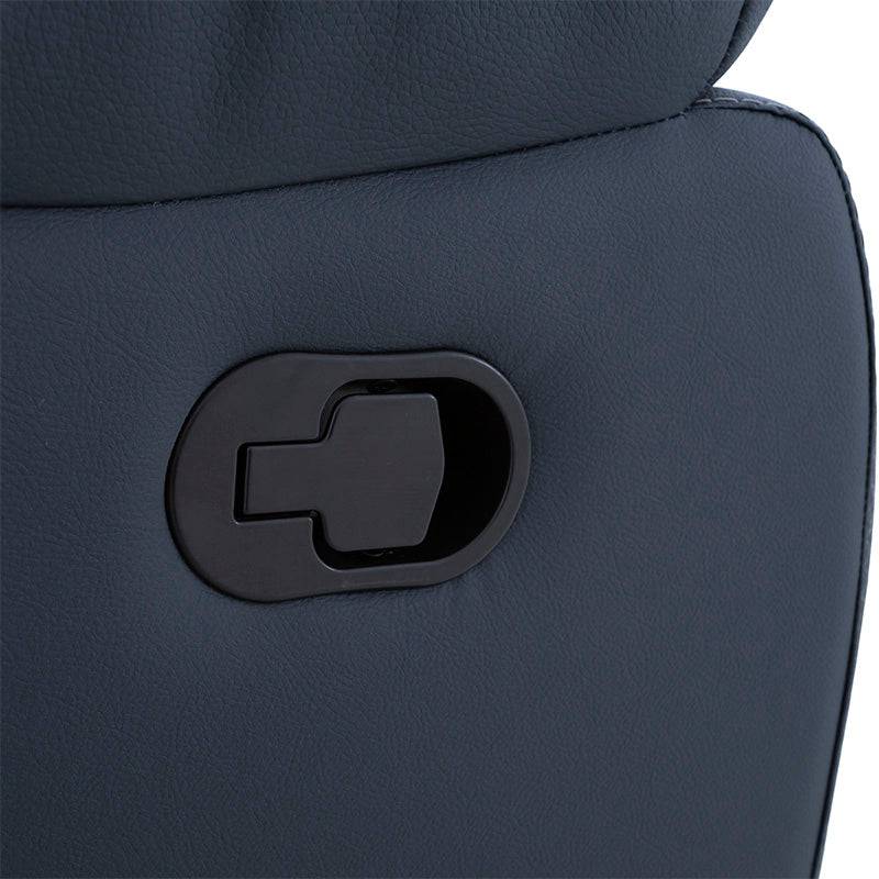 Juego de sala Enzo de cuero azul cobalto, 5 piezas, con sofá modular y detalles en cuero y leather touch, vista lateral izquierda.