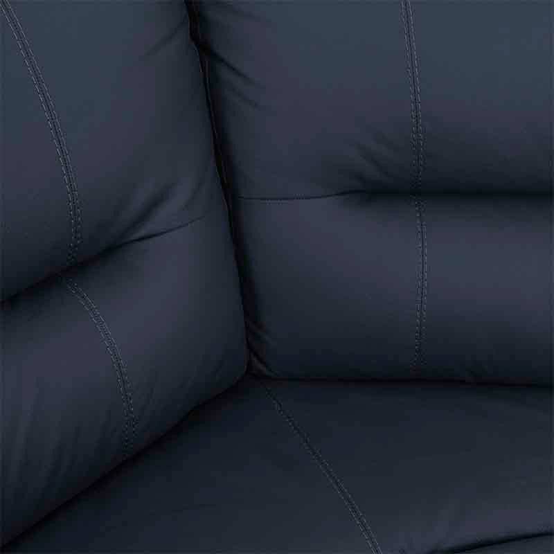 Juego de sala Enzo de 5 piezas en azul marino con piel y toque de cuero, vista del esquinero y sus dimensiones.