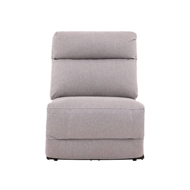 Sillón central reclinable de la sala Pauda II en gris, módulo de sala de tapiz de tela con respaldo y asiento acolchados.