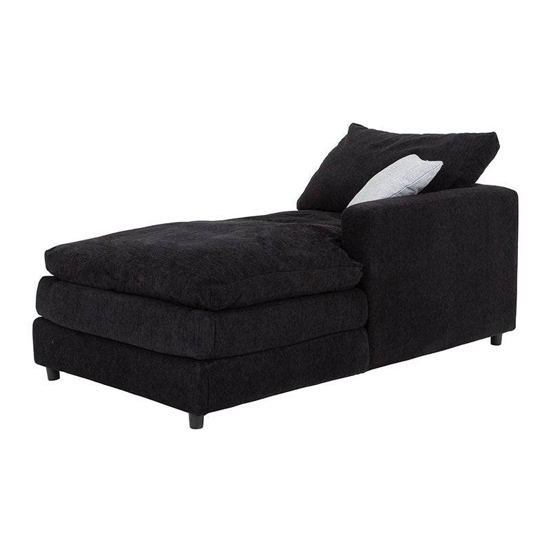 Juego de sala Lazy de 3 piezas en negro, con sofá modular, chaise longue y respaldo, tela de tejido plano, dimensiones visibles