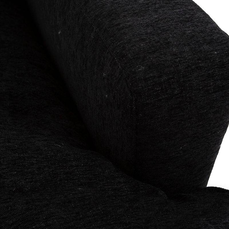 Juego de sala Lazy de 3 piezas en tela negra, incluye chaise longue, con detalles de tejido plano y dimensiones visibles.