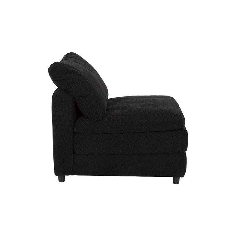 Juego de sala Lazy deoupeo.com.mx, conjunto modular en tela negra con sillón central, dimensiones aproximadas de 82x90x94 cm