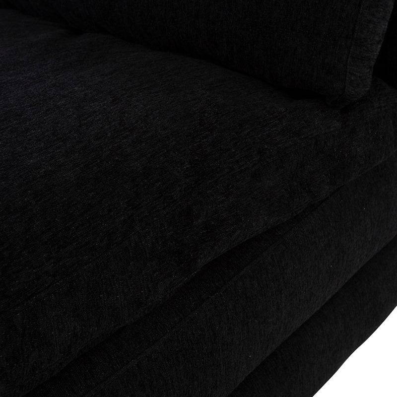 Juego de sala Lazy deurope.com.mx con sofá modular negro y sillón central, tapizado en tela de tejido plano, con medidas aproximadas.