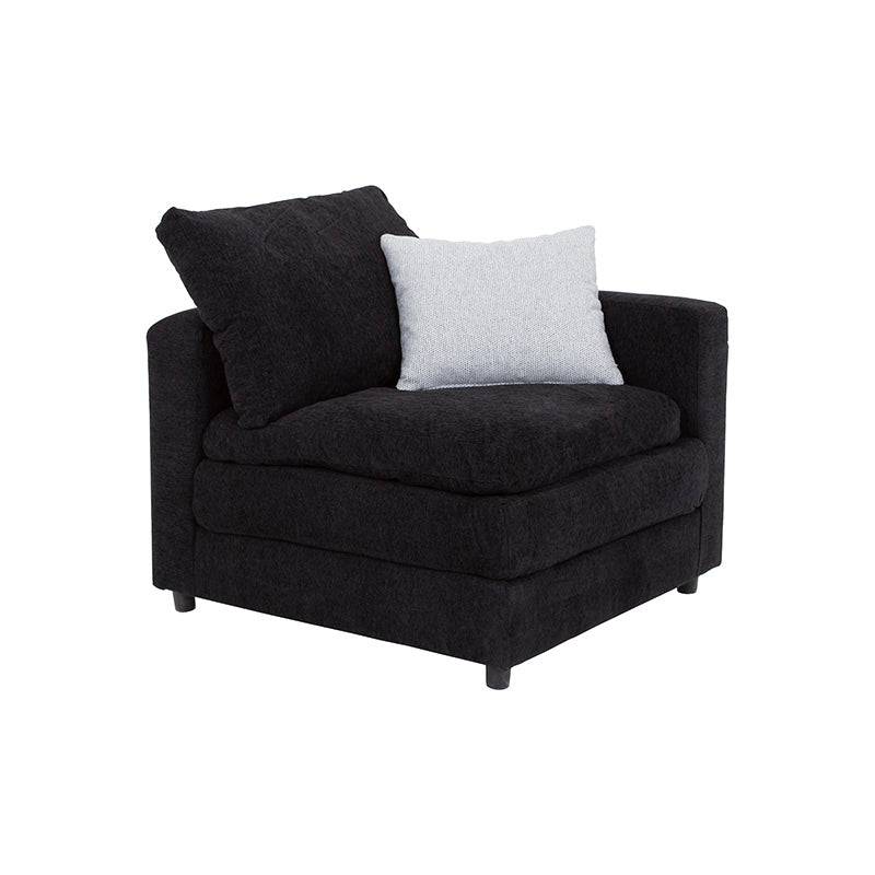 Juego de sala Lazy de 6 piezas en tela negra, incluye sillón esquinero y módulos con respaldo y asientos cómodos.