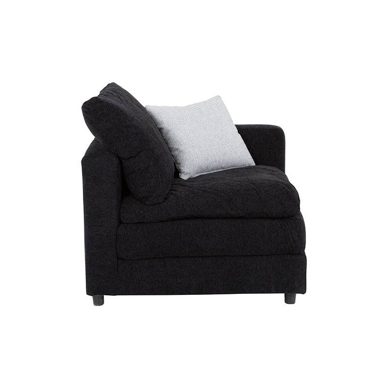 Juego de sala Lazy de 6 piezas en tela negra, sillón esquinero y módulos con medidas de 94x90x94 cm, estilo moderno y cómodo.