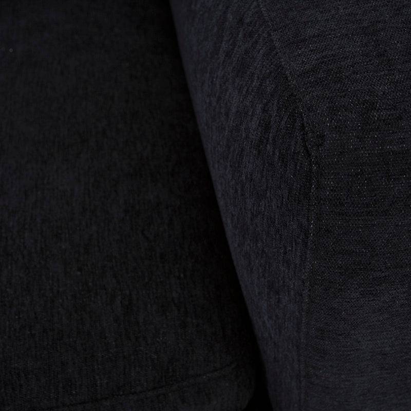 Juego de sala Lazy de 6 piezas en tela negra, incluye sillón esquinero y módulos modulares con dimensiones detalladas.