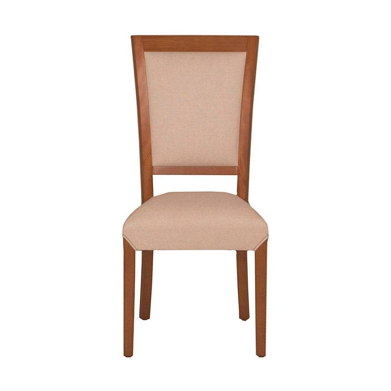 Juego de comedor Siena con sillas de madera en color almendra y tapizado de cuero, de lujo y elegancia en el mobiliario.
