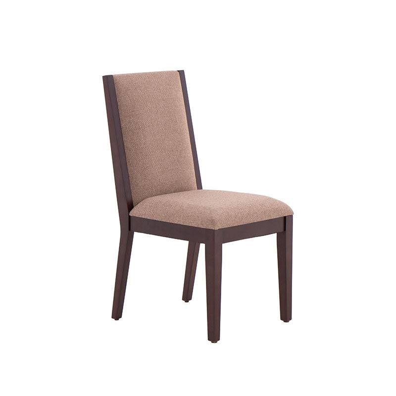Juego de comedor Quetzal de 9 piezas con sillas tapizadas en tela, madera de nogal y diseño moderno.