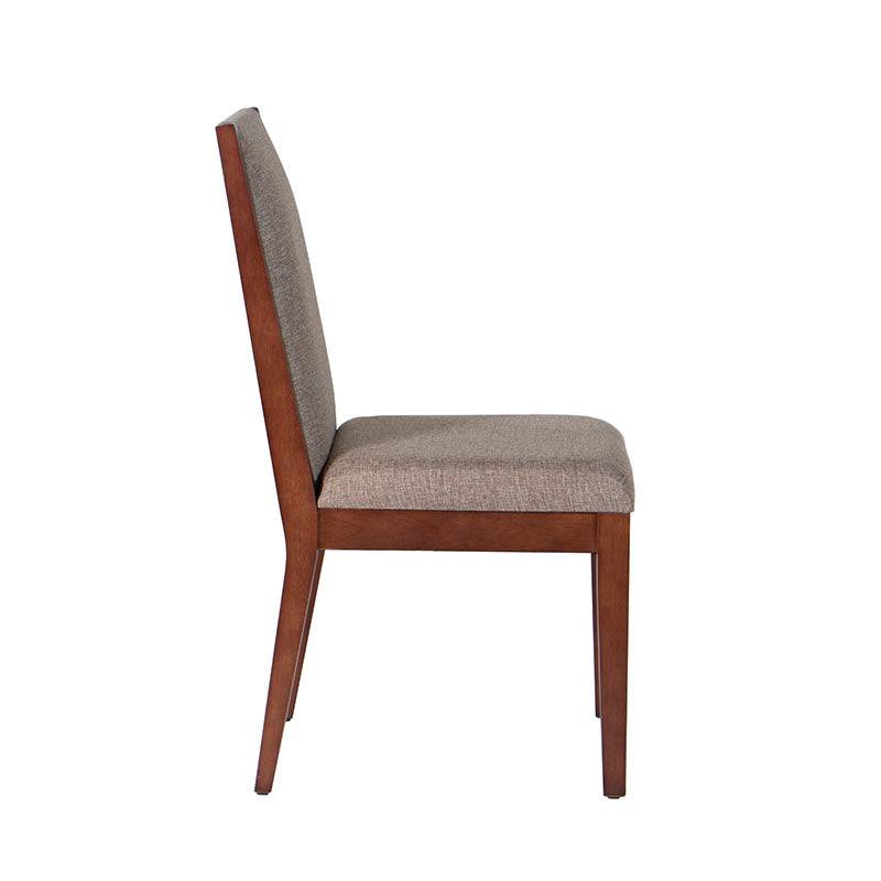 Juego de comedor Quetzal de nueve piezas con sillas tapizadas en tela, madera Nogal y diseño elegante.