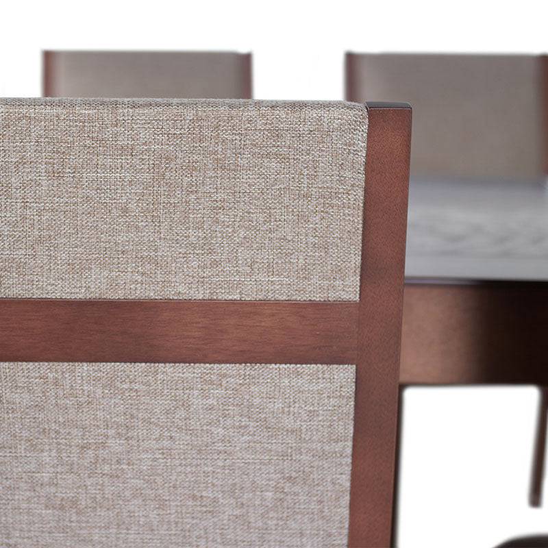 Juego de comedor Quetzal de 9 piezas con sillas tapizadas en tela, madera de nogal y estructura sólida en color café.