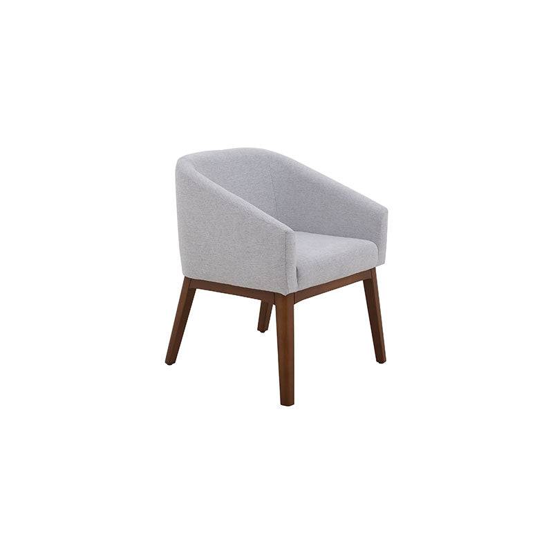 Silla de comedor Atenea decolor gris con estructura de nogal, tapiz de tela, frente 59 cm, alto 90 cm, fondo 57 cm.