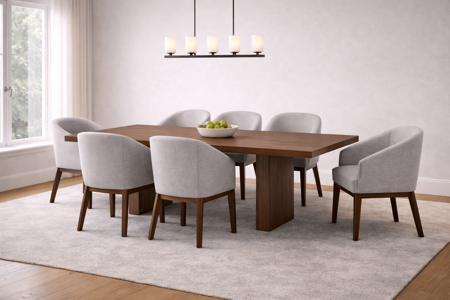 Mesa de comedor Atenea de Deurope con superficie en nogal y gris, acompañada de silla a juego con tapiz de tela.