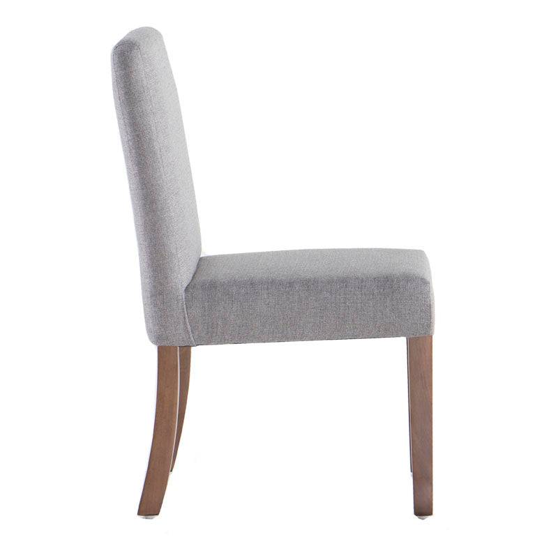 Sillas de comedor Aragón de madera de nogal con tapizado en tela gris, estilo moderno, estructura robusta y diseño elegante.