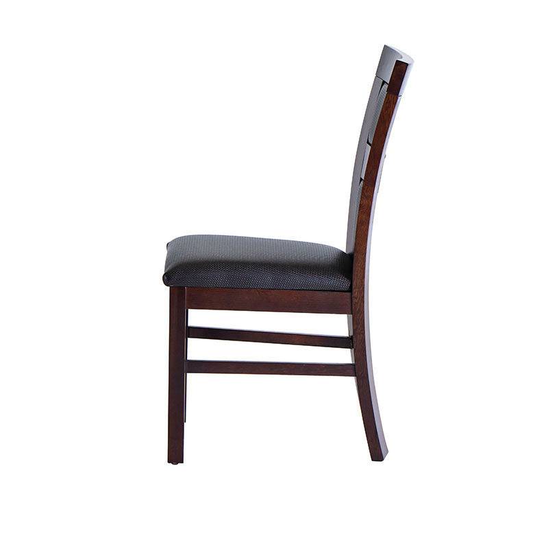 Juego de comedor Aragón de 8 piezas con sillas de madera nogal y estructura de color oscuro, frente y altura visibles.