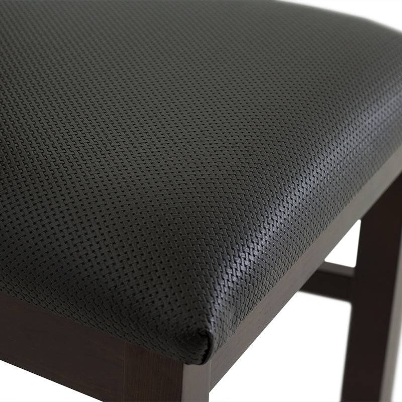 Juego de comedor Aragón de 8 piezas con sillas de madera nogal y asiento de hickory, frente y vista lateral.