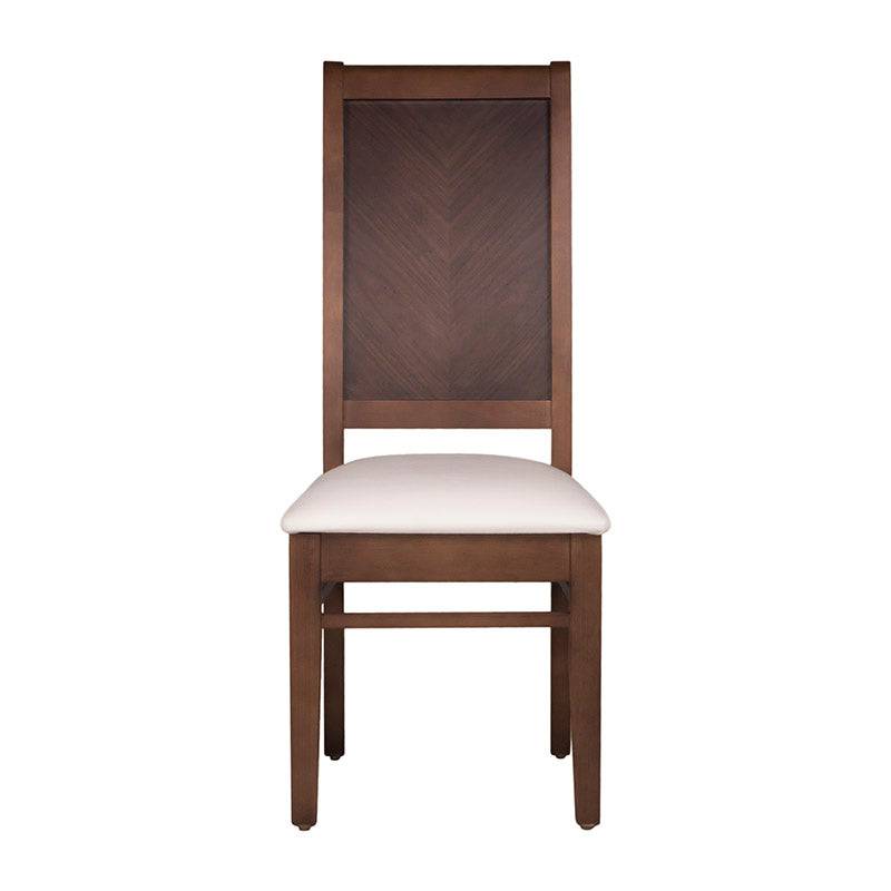 Juego de comedor Quetzal de 7 piezas con sillas de nogal y tapizado en cuero en color marfil, estilo elegante y moderno.