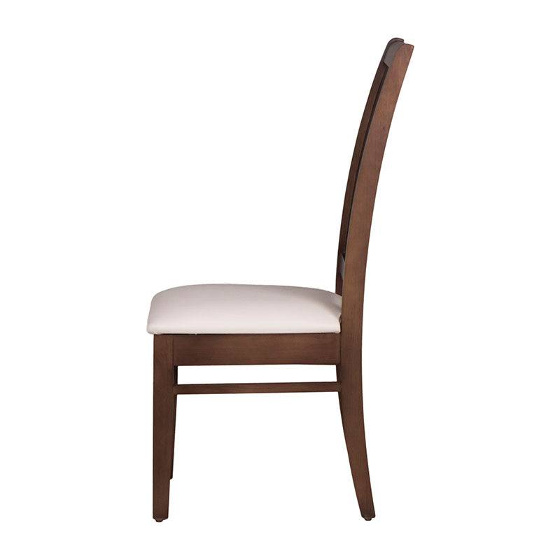 Juego de comedor Quetzal de 7 piezas con sillas Orleans de nogal, tapizado en leather touch y estructura de madera en color marfil.