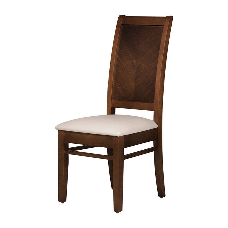 Sillas Orleans de comedor en color nogal y marfil con tapiz leather touch, parte del juego de comedor Quetzal de deurope.com.mx