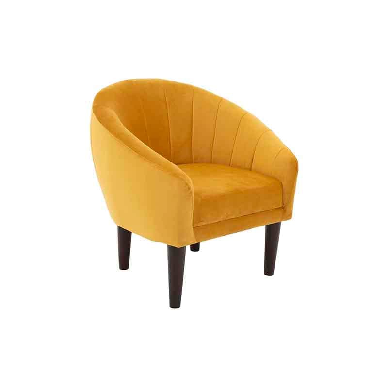 Sillón ocasional Andor de tapiz amarillo de terciopelo, con respaldo y asiento acolchados, en estilo moderno y cómodo.