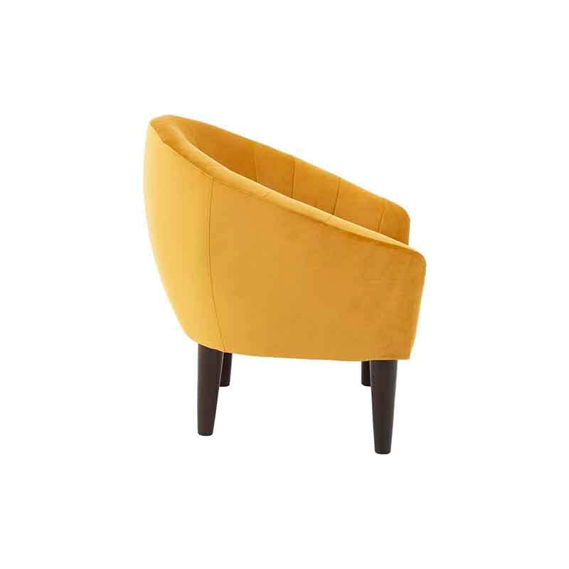 Sillón ocasional Andor de tapiz amarillo con respaldo y asiento acolchados, dimensiones 64x81x60 cm, estilo moderno y cómodo.