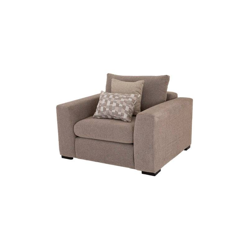Sillón individual del juego de sala Oporto de 3 piezas, tapizado en tela de color gris, con diseño moderno y cómodo.