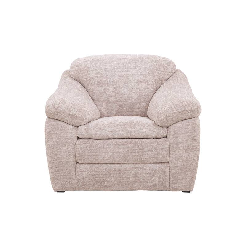 Sillón Chloe de 3 piezas en tela marfil, con cojines y estructura moderna, ideal para sala de estar elegante.