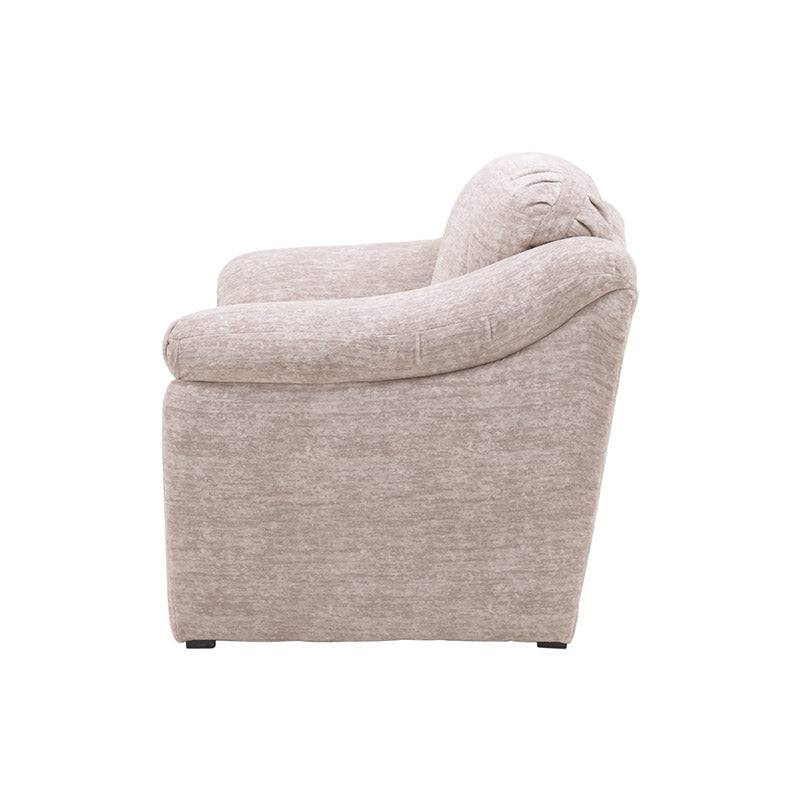 Sillones de sala Chloe de color marfil en tela Money Snow, con estructura moderna y tamaño compacto para sala de estar elegante.