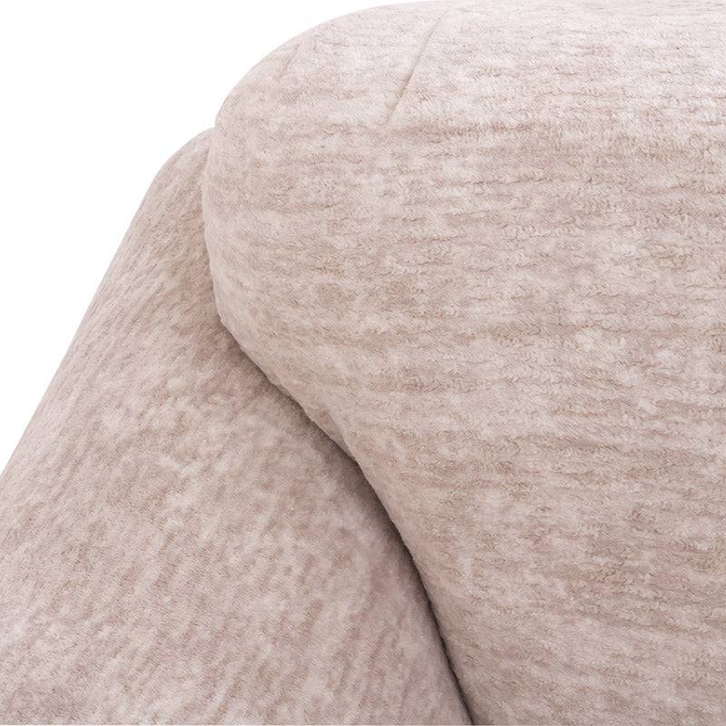 Juego de sala Chloe de 3 piezas con sillones de tela en color marfil, con detalles en Money Snow, frente y dimensiones visibles.