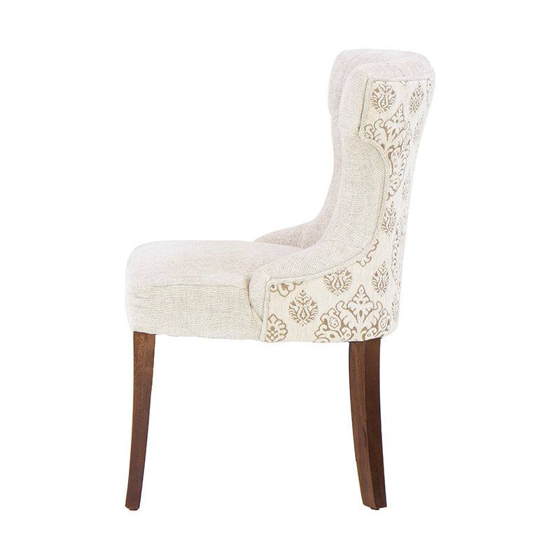 Juego de comedor Tulip de 6 piezas con sillones de nogal, estructura en madera y tapizado en chenille, frente 55 cm, alto 90 cm.