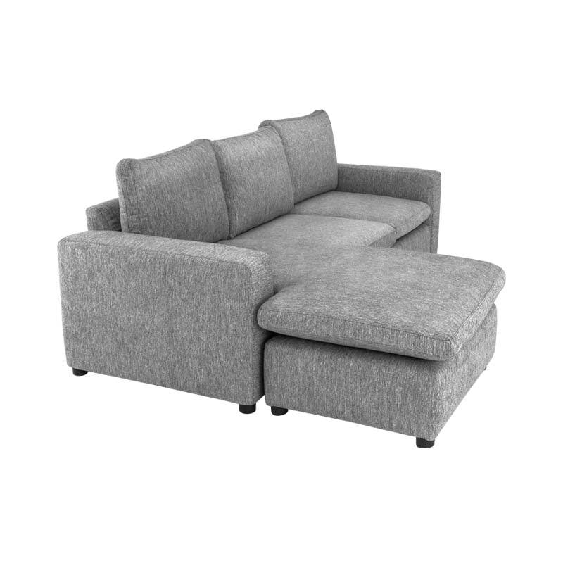 Sofá Gracey con taburete de estilo moderno, en tela gris, con cojines confortables y estructura robusta.