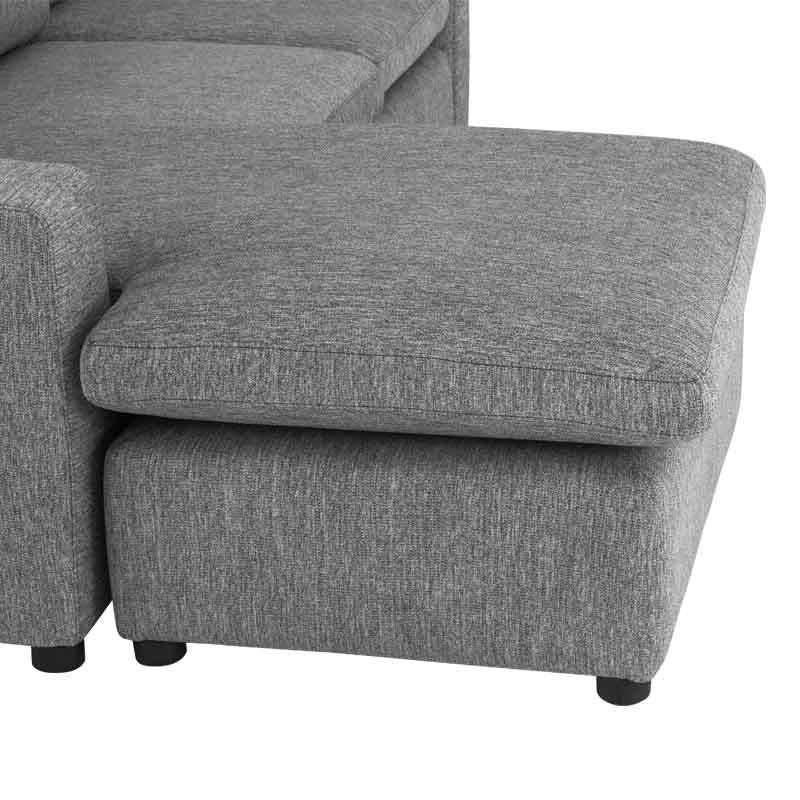 Sofá Gracey de Deurope con taburete en tela gris claro, diseño moderno y elegante para sala de estar.