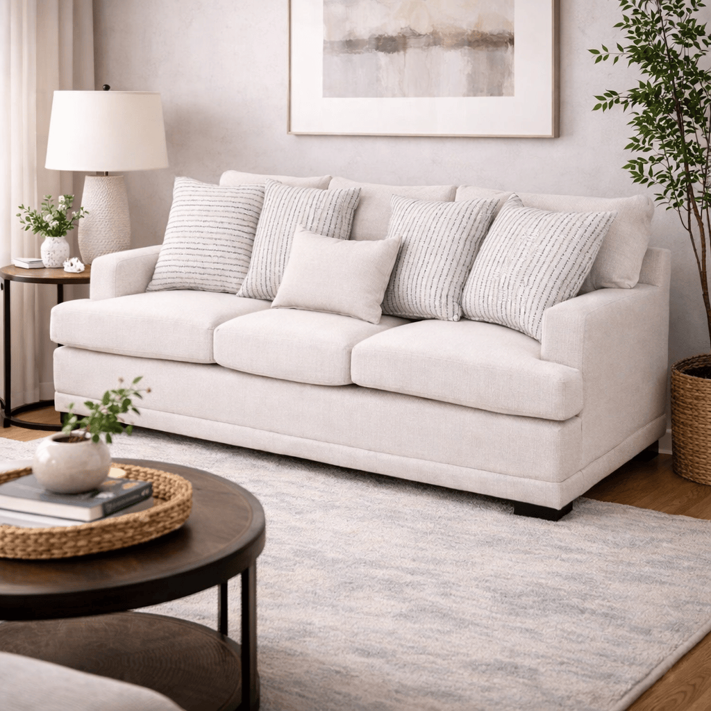 Sofá Oliver de Deurope.com.mx en color gris con cojines, estructura moderna y cómoda para sala de estar.