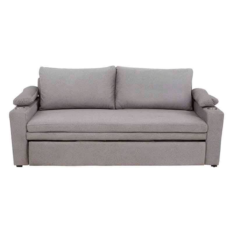 Sofá cama matrimonial Vittorio de Deurope.com.mx en tela gris claro, con diseño moderno y tamaño compacto.