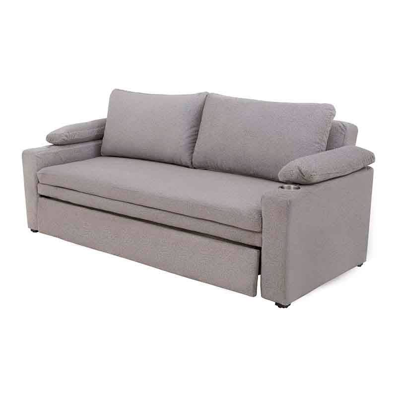 Sofá cama matrimonial Vittorio de tapiz gris claro, con diseño moderno y estructura de sofá en tela, frente a la imagen.